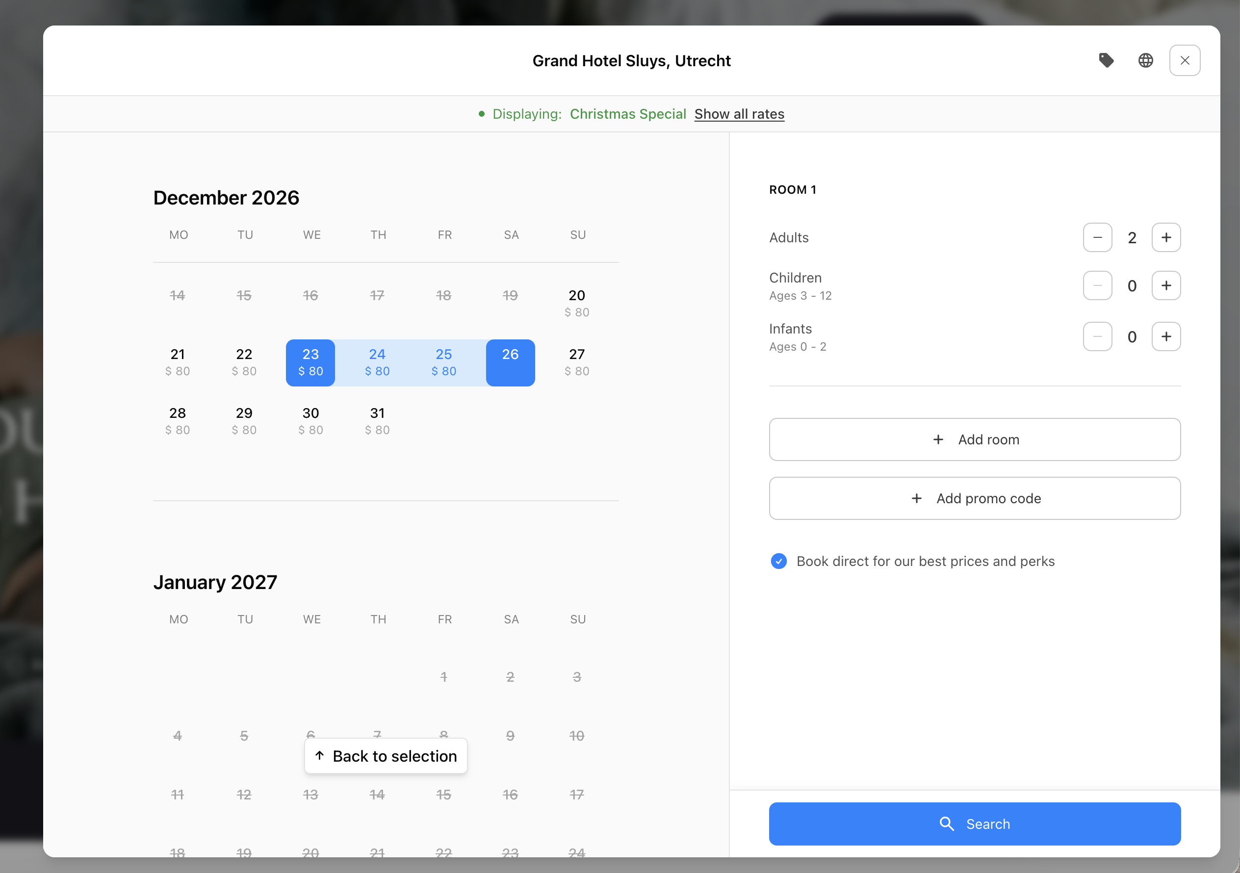 Booking engine calendar opened on December 2026 for a Christmas Special deep link, showing offer prices and selected dates