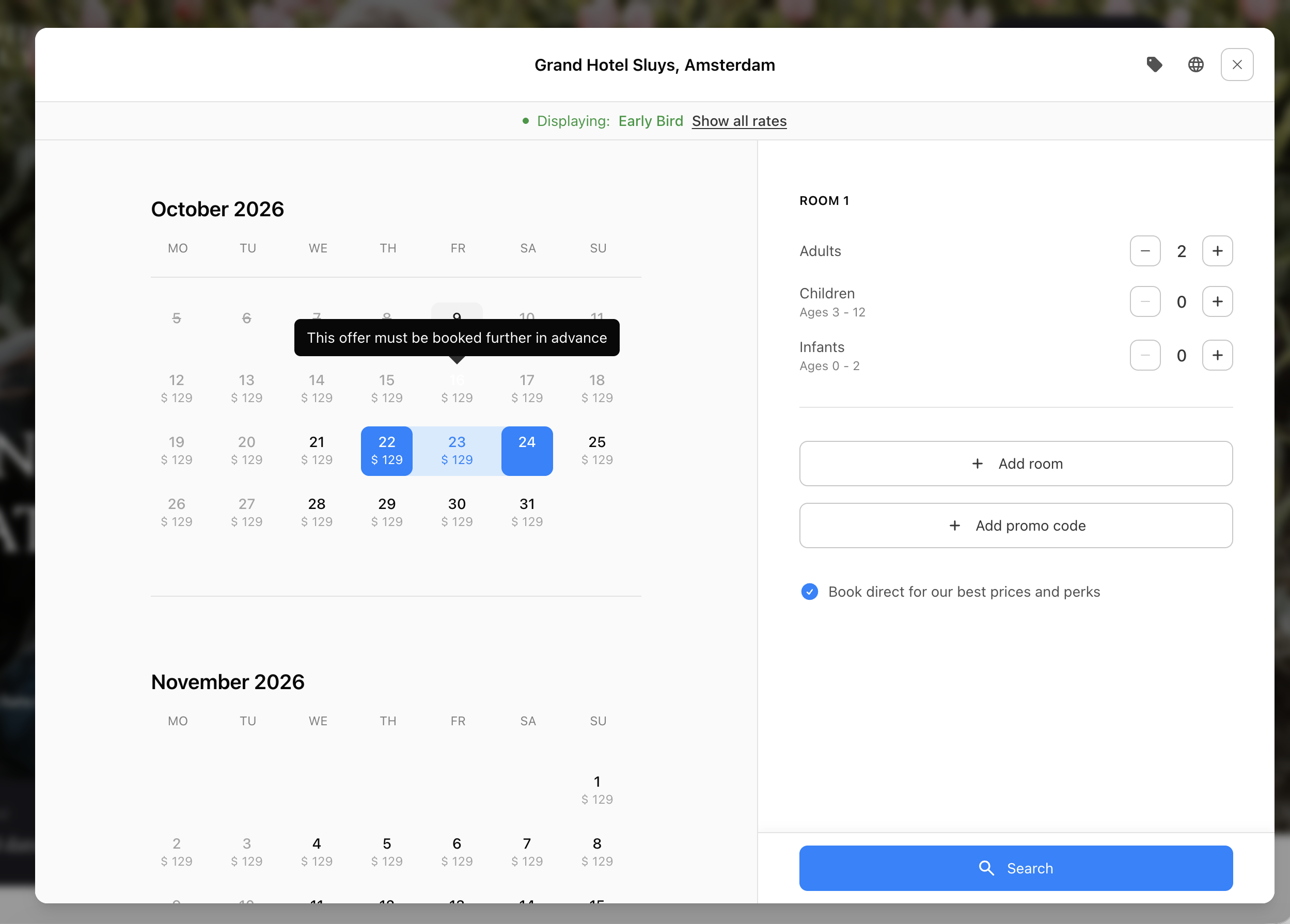 Booking engine calendar for an Early Bird offer with a tooltip saying the offer must be booked further in advance