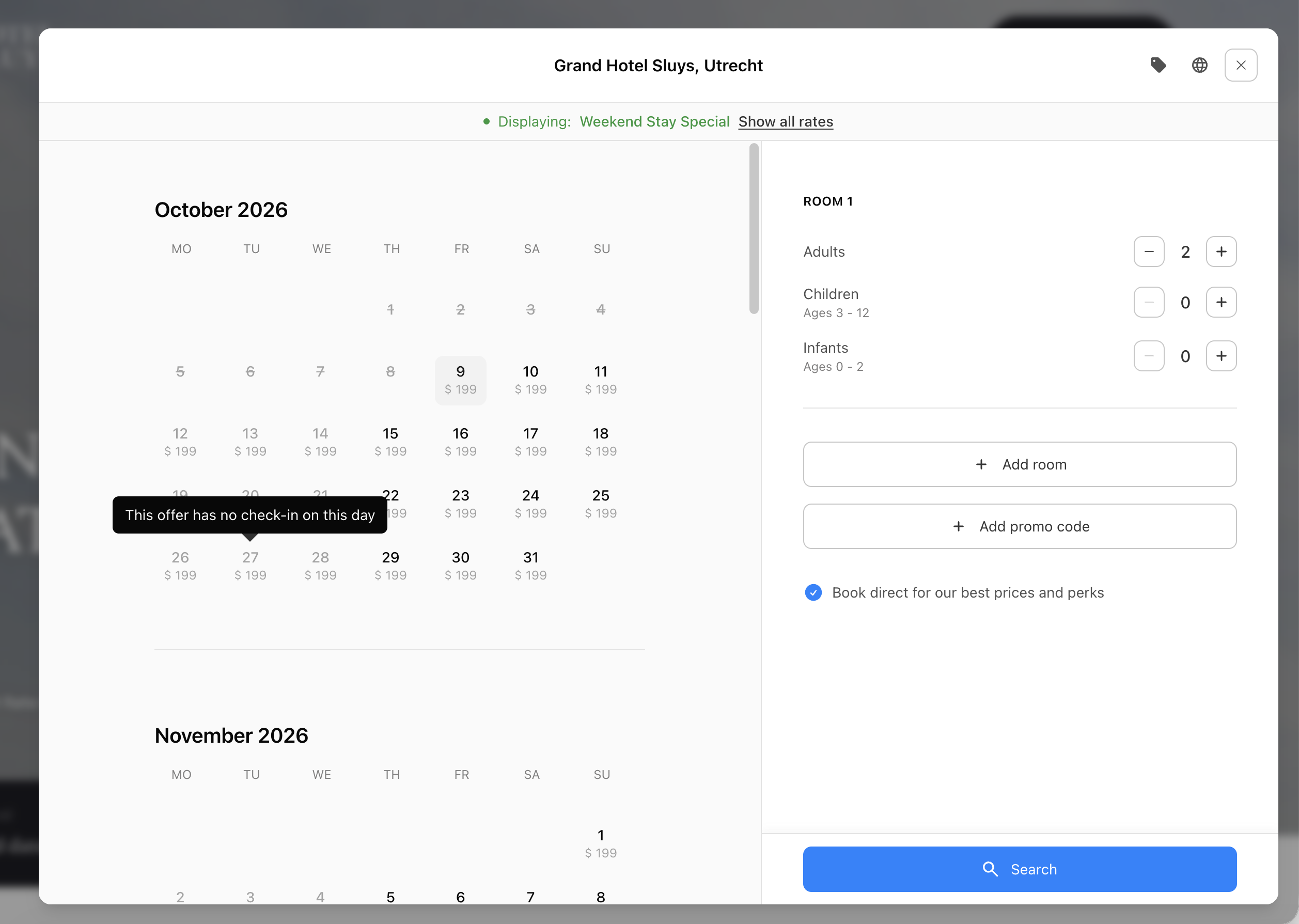 Booking engine calendar for a Weekend Stay Special with a tooltip saying the offer has no check-in on the selected day