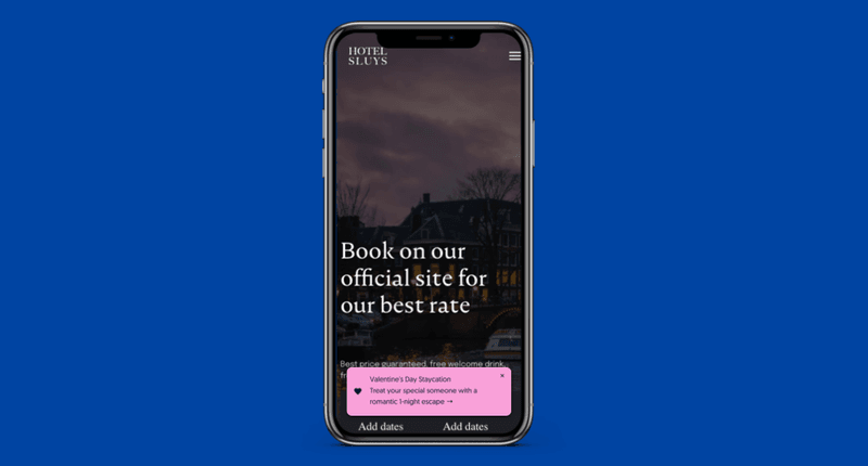 A Valentine’s Day Staycation notification is shown on mobile that links to details of the offer.