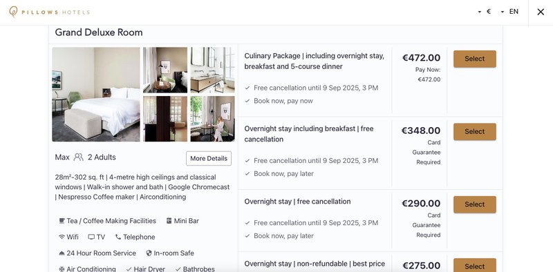 Screenshots of the rooms selection screen of the booking engine.