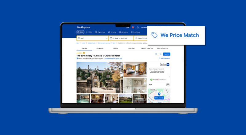 Booking.com hotel listing showing a “We Price Match” badge, highlighting OTA best price guarantee feature.