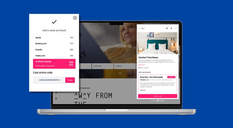 Hotel website booking page showing price comparison with OTAs and a price match discount applied in real time.