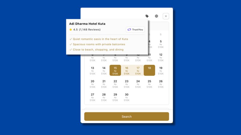 Hotelchamp booking engine interface showing chain-level date picker with property details and promotional information carried throughout the booking flow.