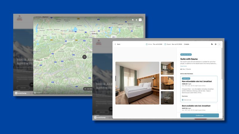Hotelchamp’s chain booking engine showing interactive map and list views, allowing guests to visually explore and compare multiple hotel properties across a portfolio.