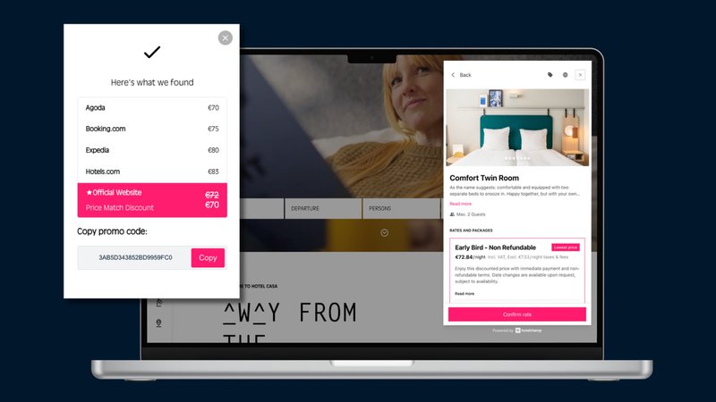 RateBeat interface showing direct hotel price beating OTA rates with a personalised discount code