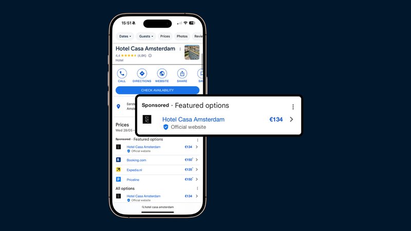 Mobile screenshot of Google Hotel Ads showing a hotel's direct rate competing with OTA prices