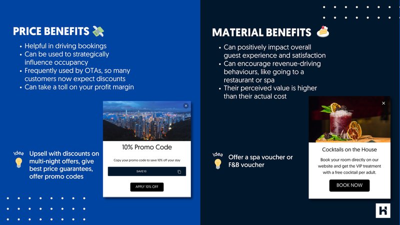 Hotelchamp Convert examples showing a promo code offer and a cocktail welcome benefit for direct bookers