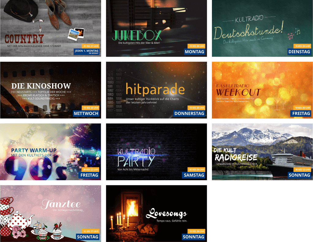 Werbegrafiken der Programmspecials des ehemals bayernweiten DAB+ Radiosenders KULTRADIO