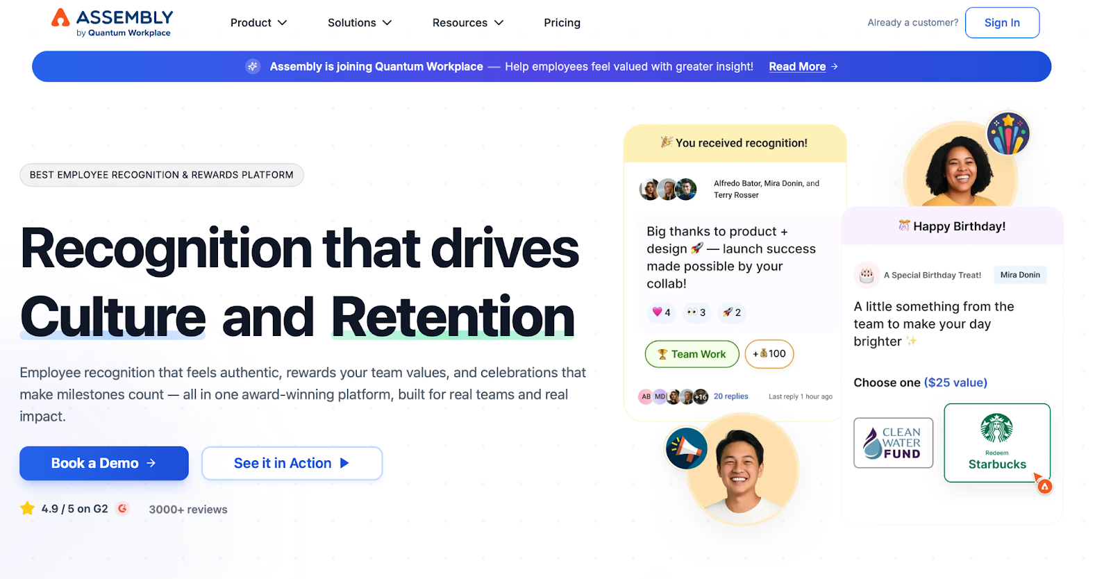 Assembly employee recognition platform with peer-to-peer recognition and rewards