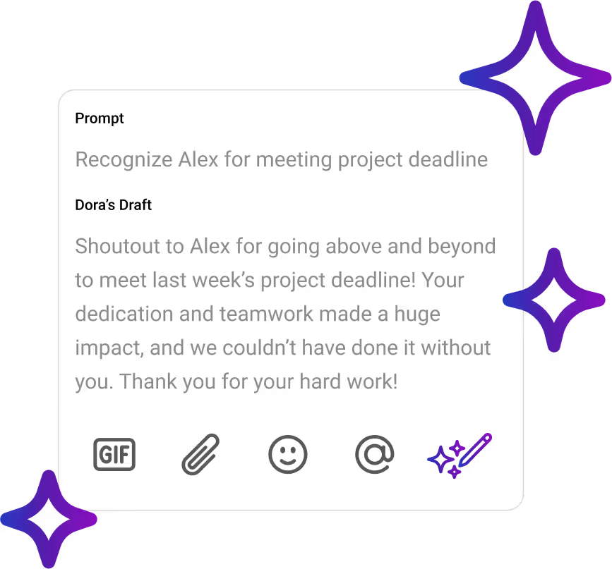Assembly's Dora AI generating a personalised employee recognition message from a simple prompt