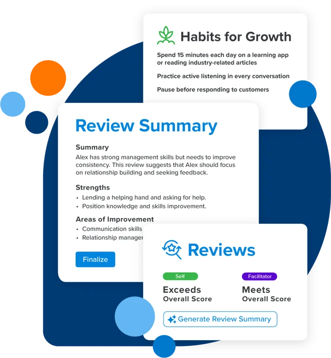 Quantum Workplace performance review summary showing strengths and improvement areas alongside Assembly Dora AI recognition insights for mid-year reviews