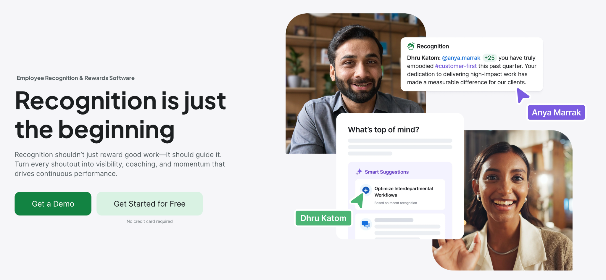 Bonusly peer recognition platform showing points-based recognition feed, rewards catalog, and pulse surveys