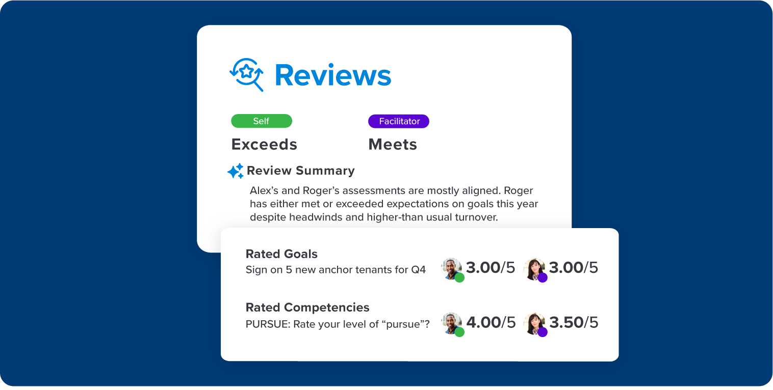 Quantum Workplace performance review software showing customisable review templates, AI-assisted writing, and goal tracking for manager-led evaluations