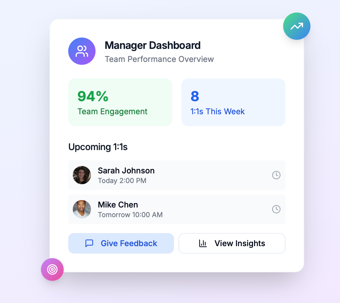 Assembly Manager Dashboard showing team engagement score, upcoming one-on-one meetings, and feedback tools for managers