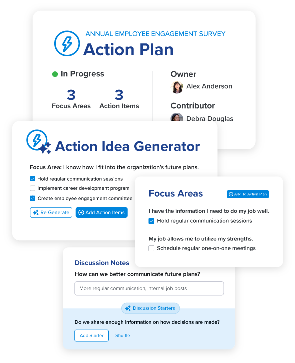 Employee engagement survey action plan showing AI-generated action ideas, focus areas, and discussion starters to improve workplace engagement