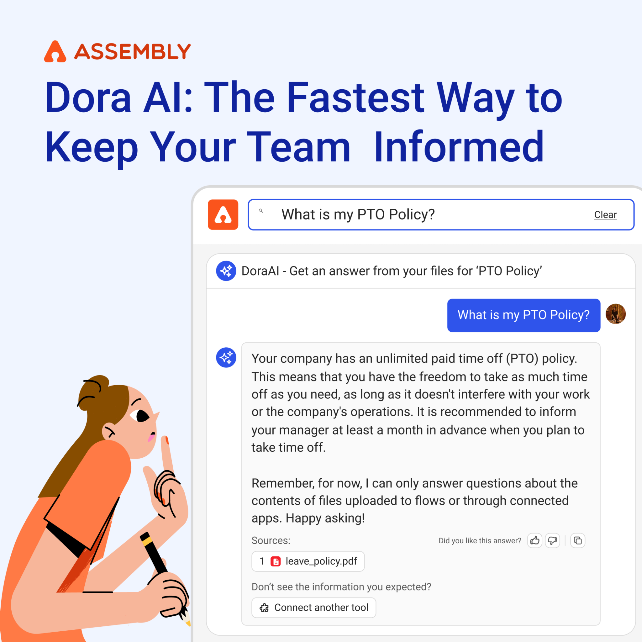 Assembly Dora AI answering a plain-language employee question about PTO policy instantly using connected company files