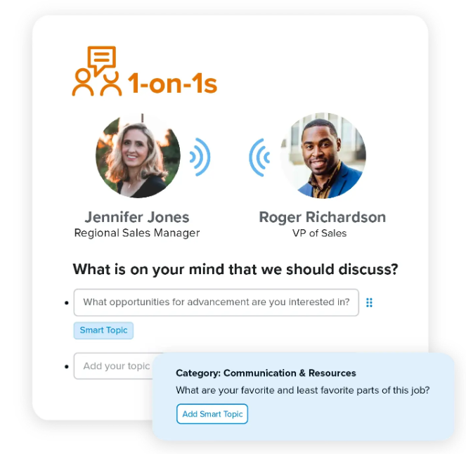 Quantum Workplace one-on-one meeting software showing a manager and employee conversation with smart topic suggestions for feedback