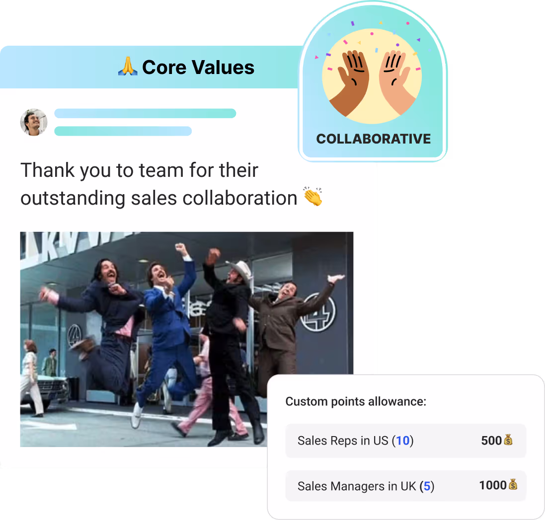Assembly peer-to-peer recognition platform showing a values-based shout-out with custom points allowance and core values integration