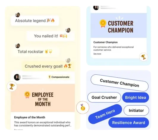 Assembly recognition feed showing peer appreciation messages, an Employee of the Month award card, and value-based recognition tags like Goal Crusher and Team Hero