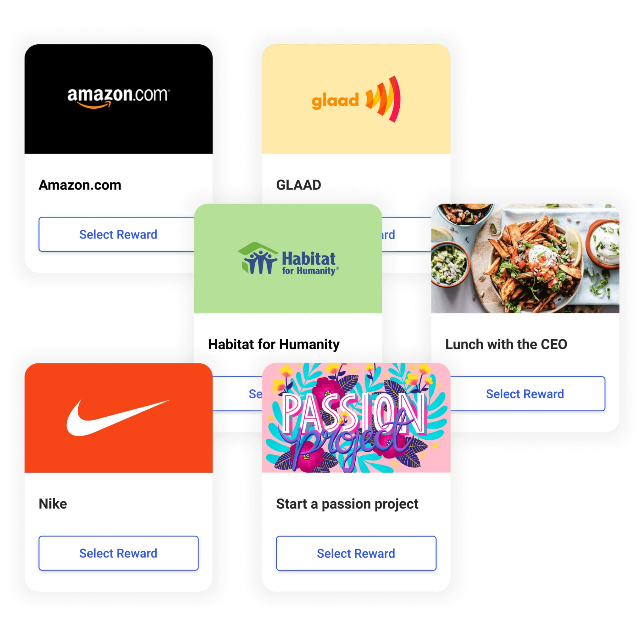 Assembly rewards marketplace showing gift cards, charitable donations, and experience-based rewards employees can choose from