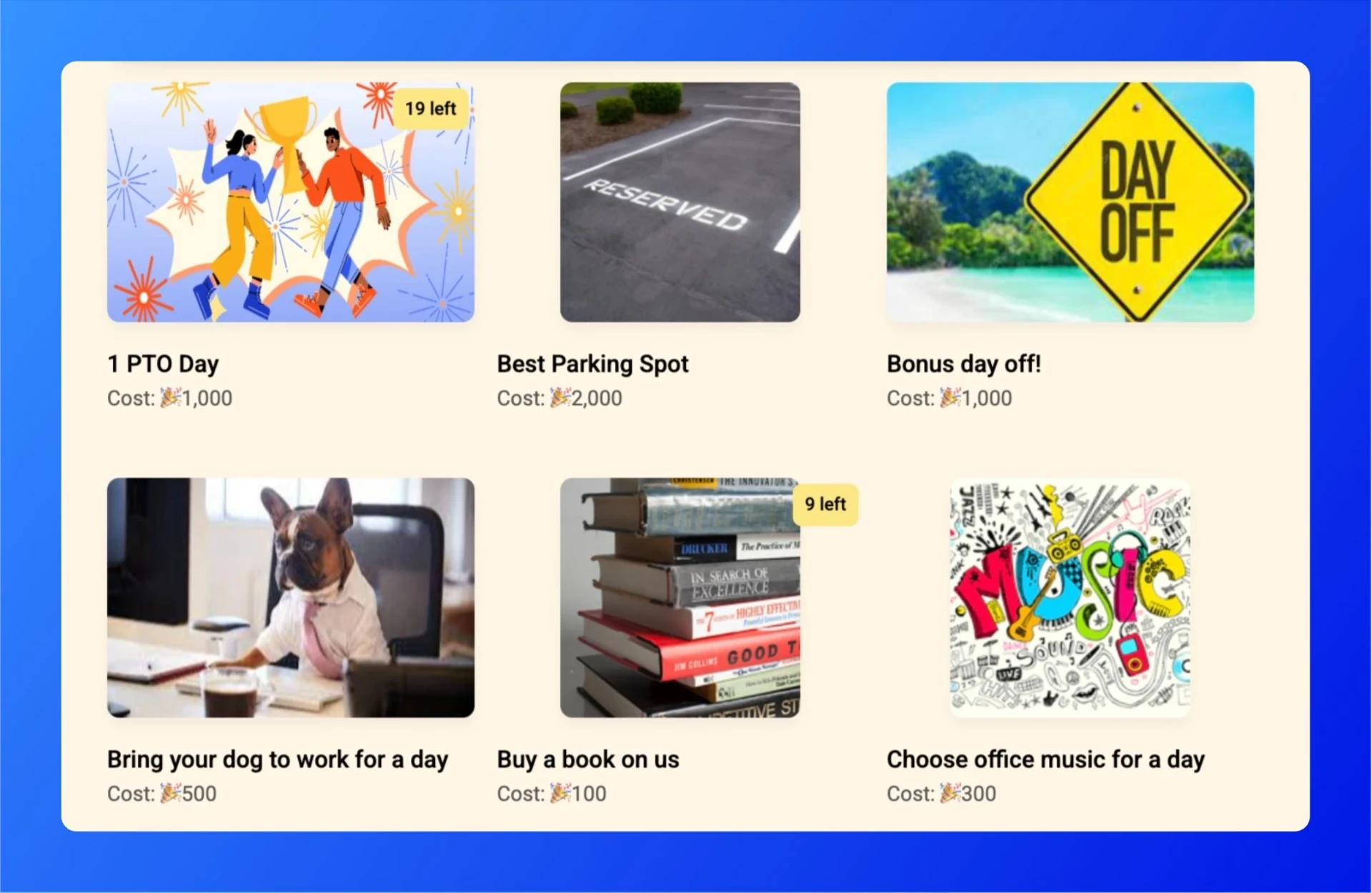 Assembly rewards catalogue showing fun non-monetary reward options employees can redeem with points