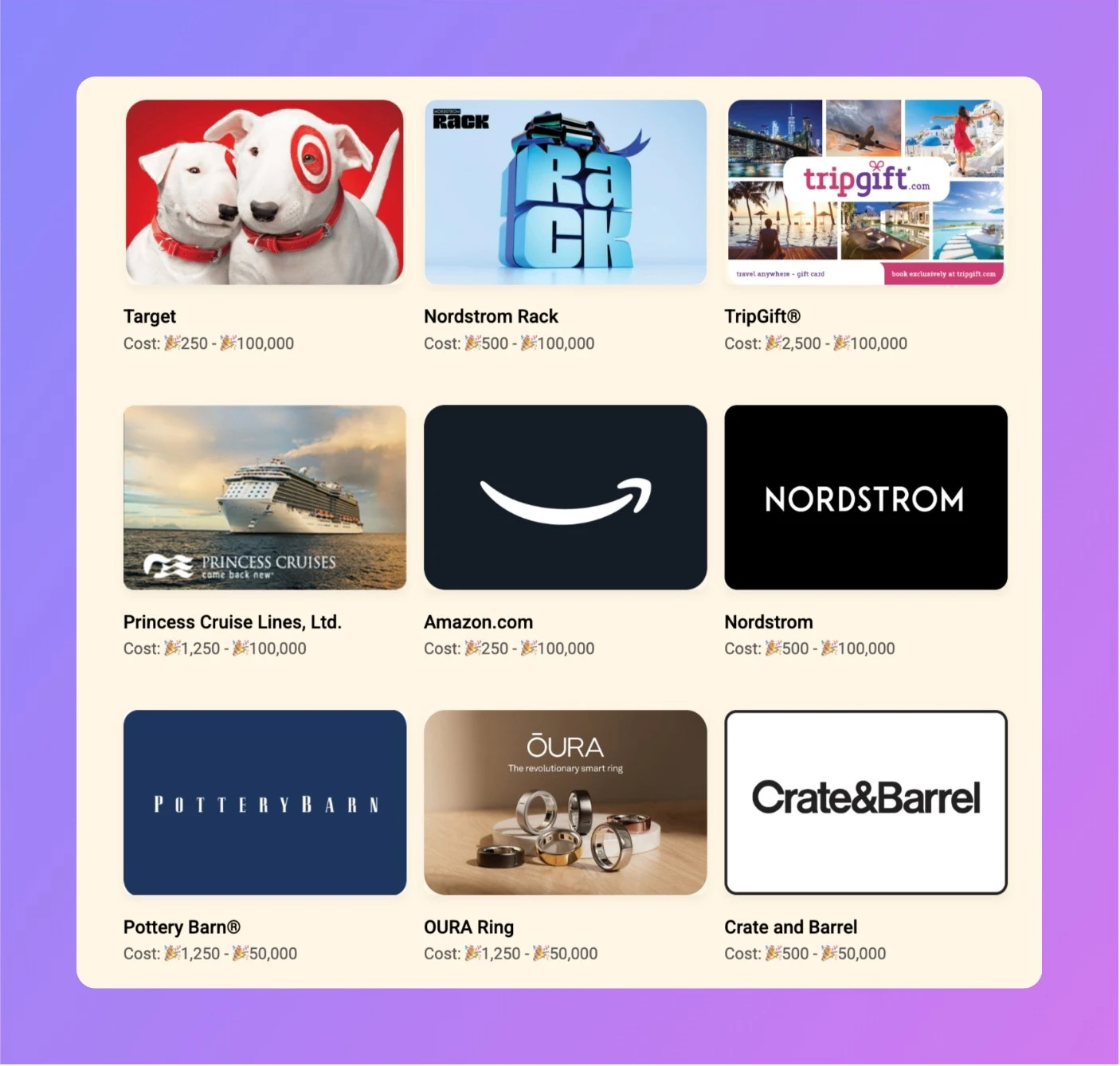 Assembly global rewards catalogue showing brand gift cards and experience rewards with point-based redemption options