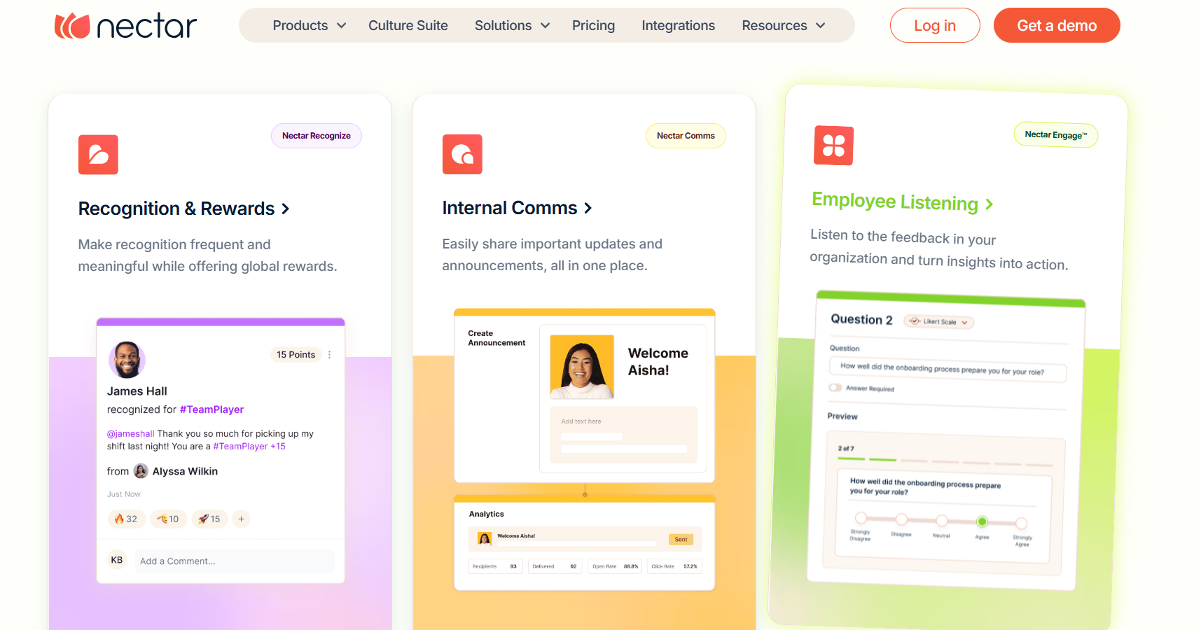 Nectar employee recognition software interface showing key features and product overview