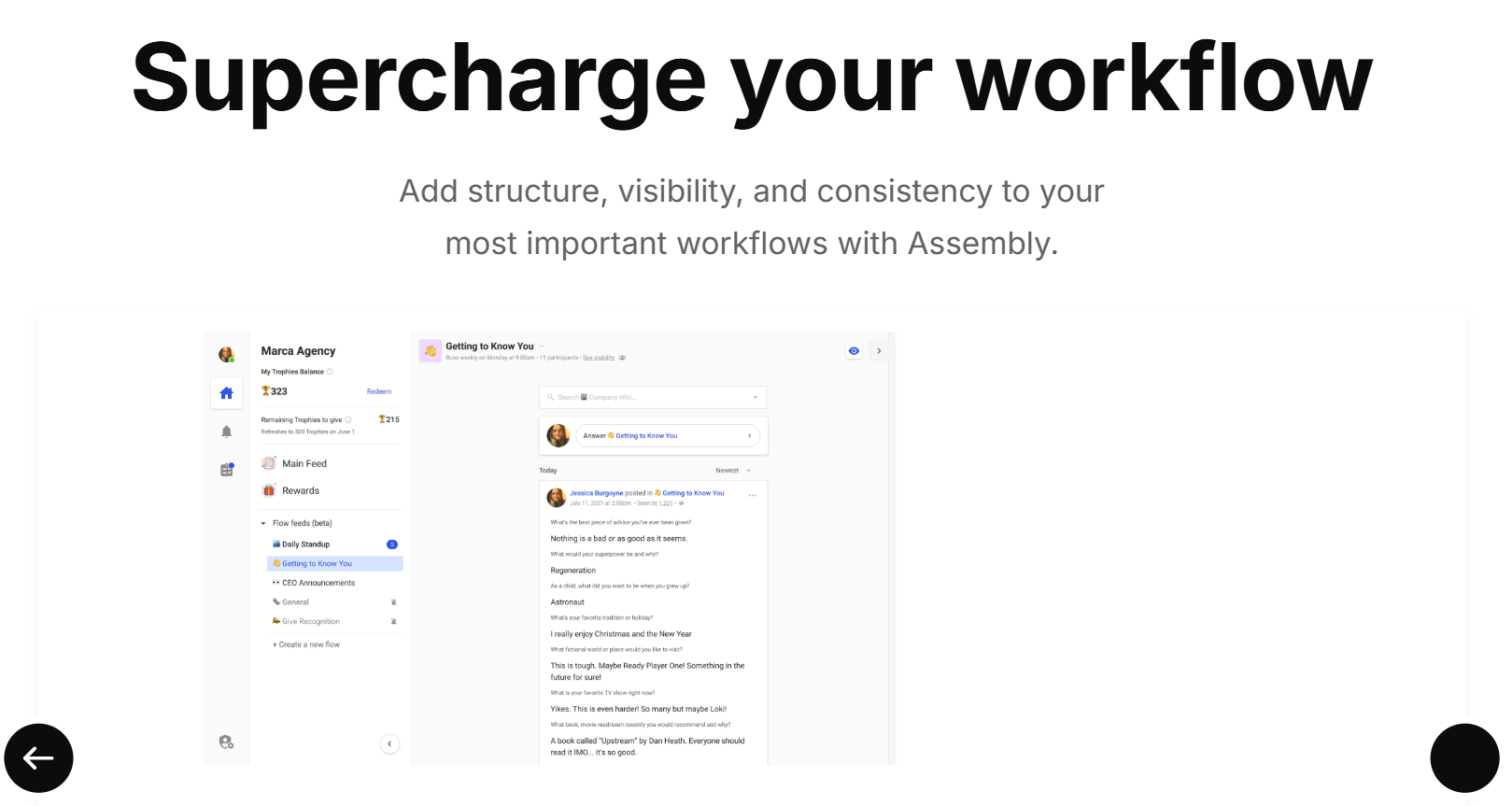 Assembly platform showing an automated icebreaker flow with team responses collected in one place