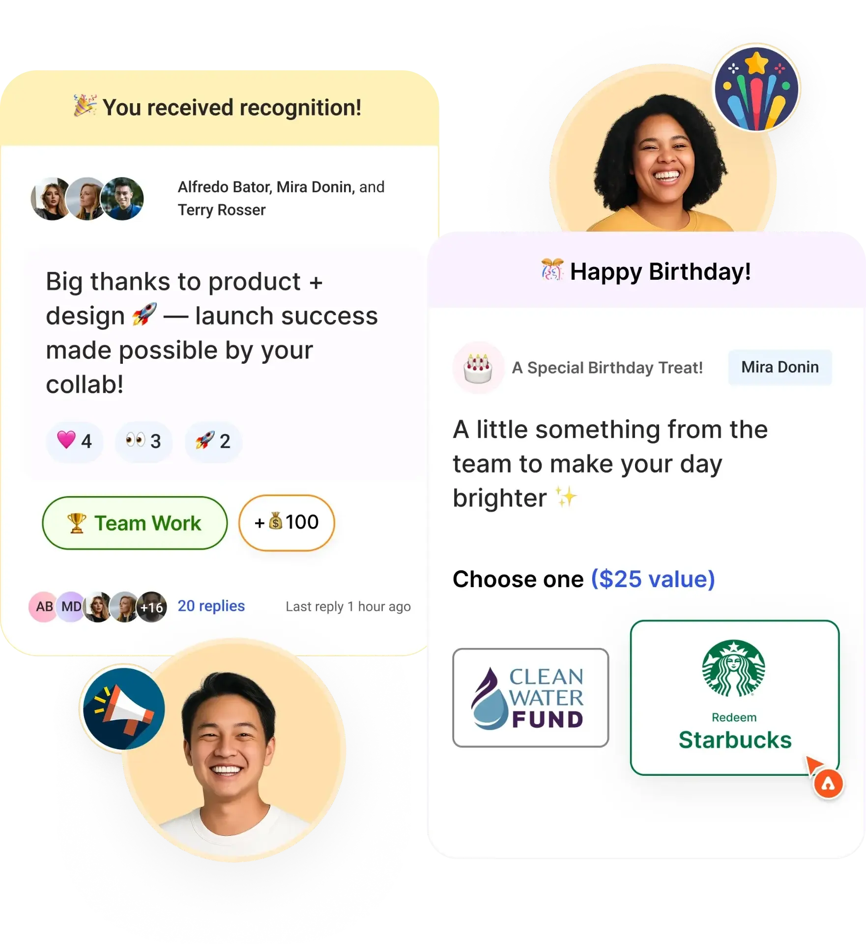 Assembly employee recognition platform interface showing team recognition notifications, peer-to-peer appreciation, birthday celebrations, points system, and reward redemptions including Starbucks gift cards and charity donations