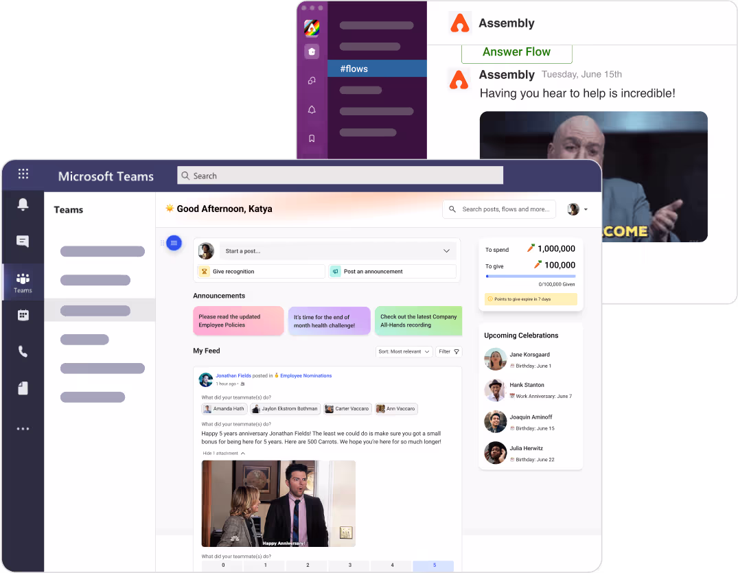 Give and receive recognition in Slack or Microsoft Teams, or directly inside Assembly (by Quantum Workplace)