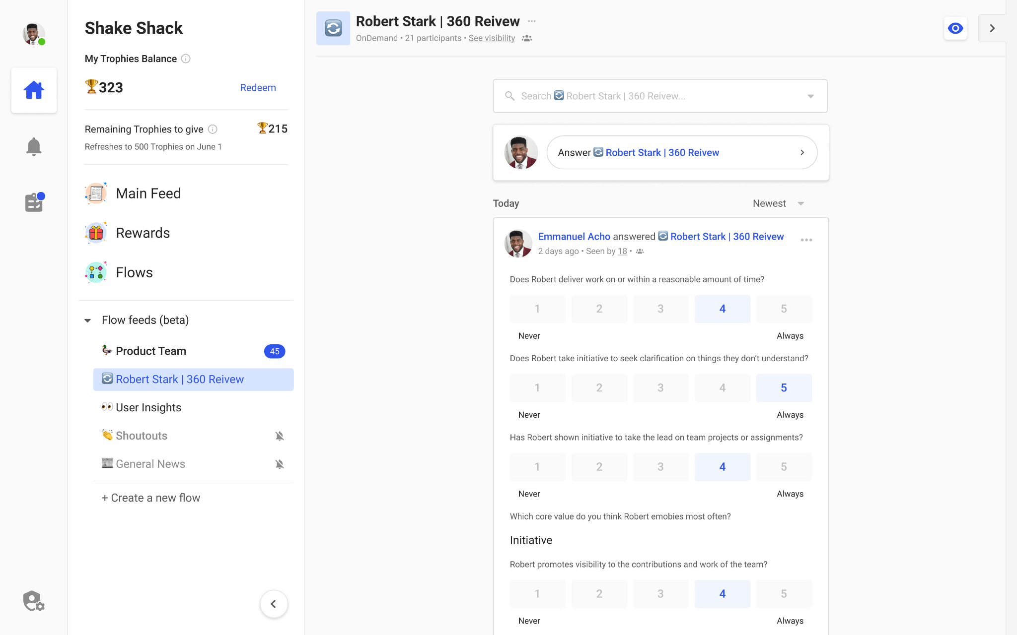 Assembly(by Quantum Workplace) 360- degree review interface showing peer feedback ratings across communication, collaboration, leadership and accountability categories