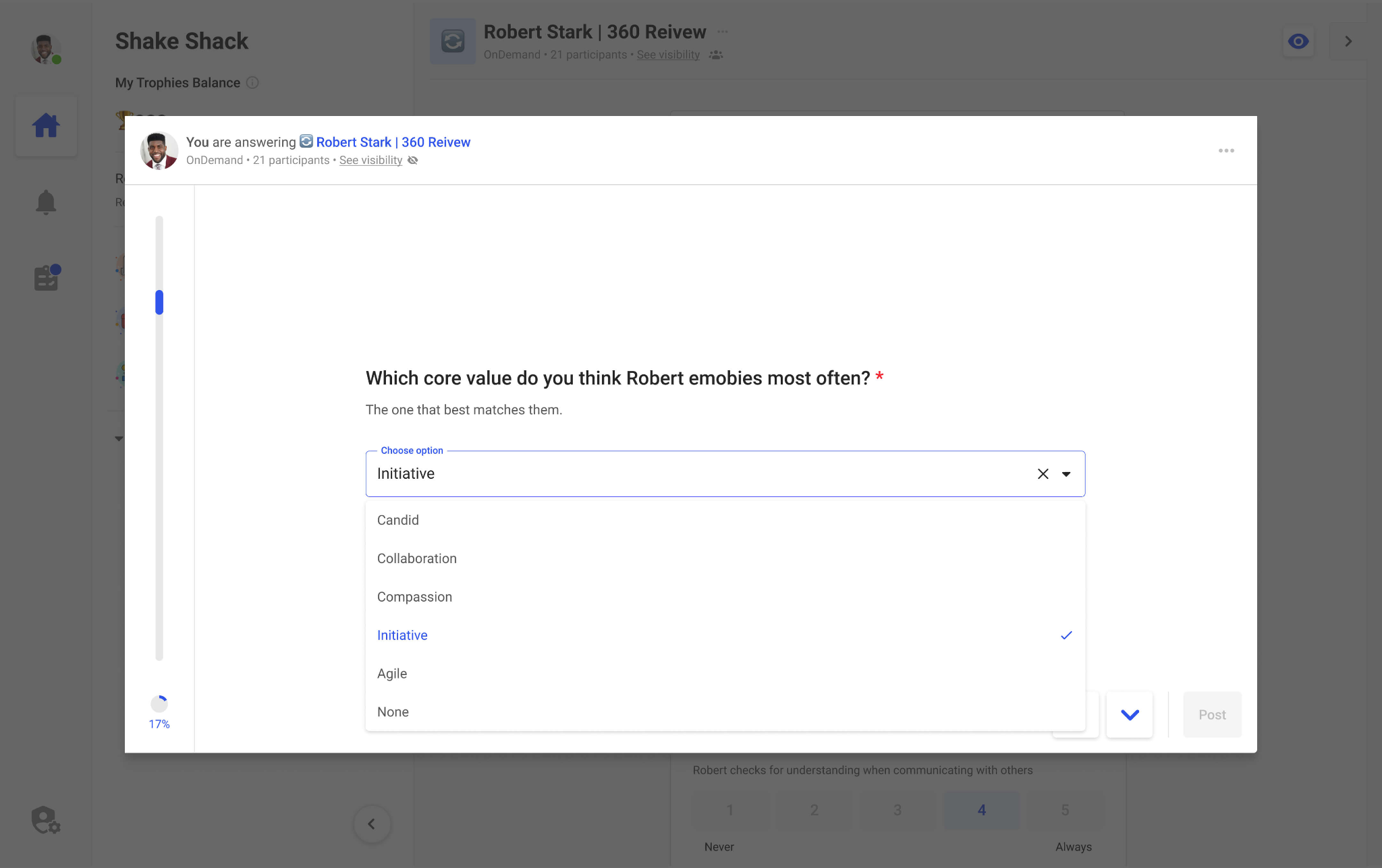 Assembly (by Quantum Workplace)'s 360 review template showing a values-based feedback question with multiple choice options for core value alignment