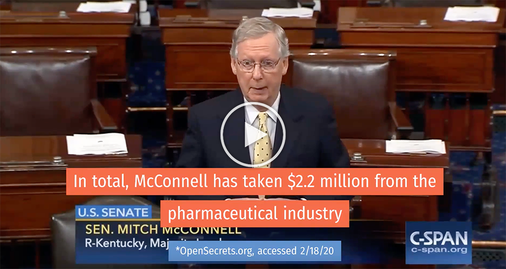 Screenshot of Mitch McConnell on C-Span. The caption overlaid on the image says "In total, McConnell has taken $2.2 million from the pharmaceutical industry."c