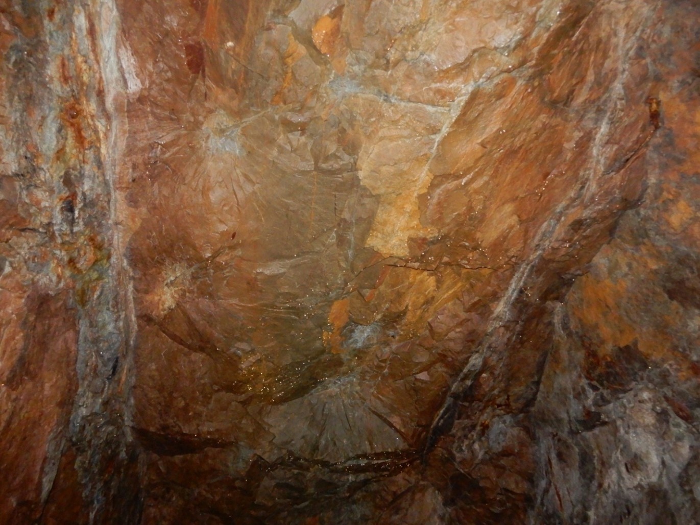 Photo of Antimony Veins on ceiling and walls, Felsic Dyke mine stope – Lower Adit, Frost Cove Mine
