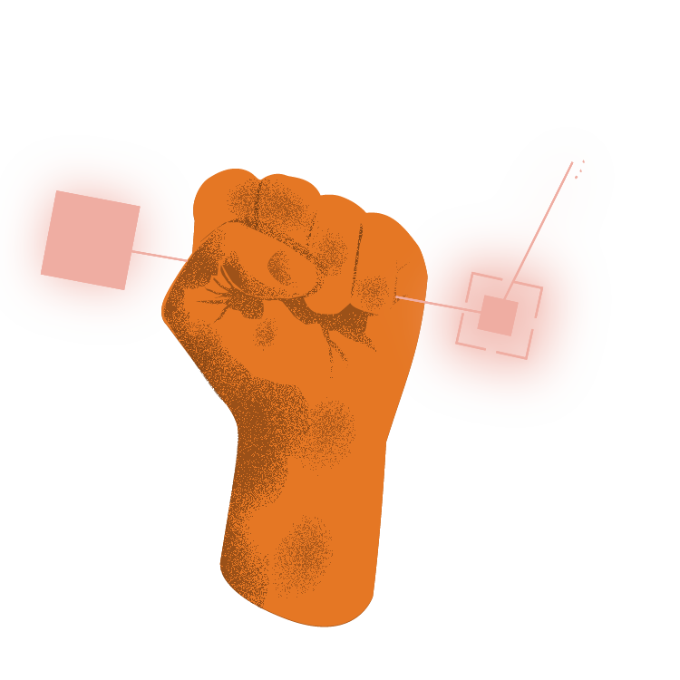 A hand makes a fist, gripping colorful squares that look like bytes of data. 