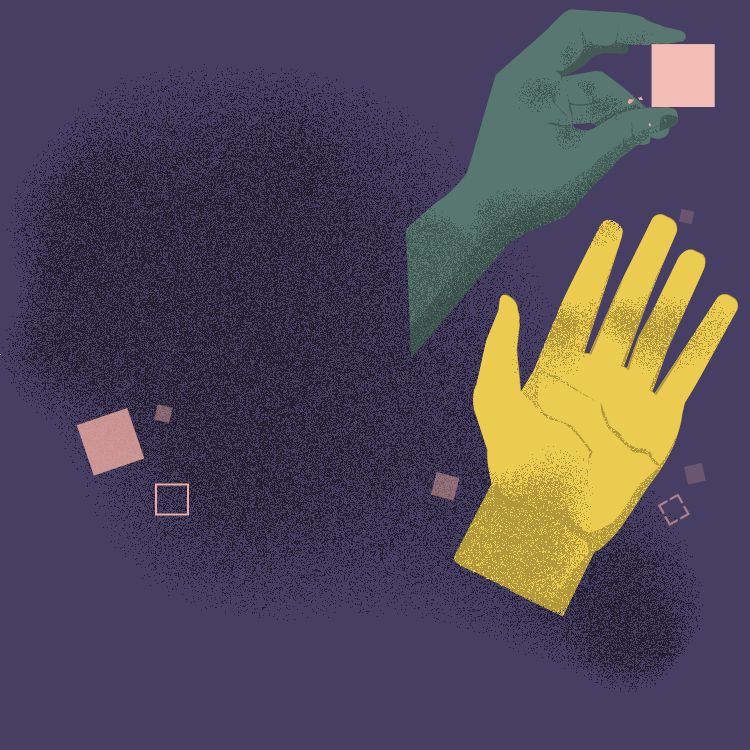Colorful hands hold squares that look like bytes of data. 