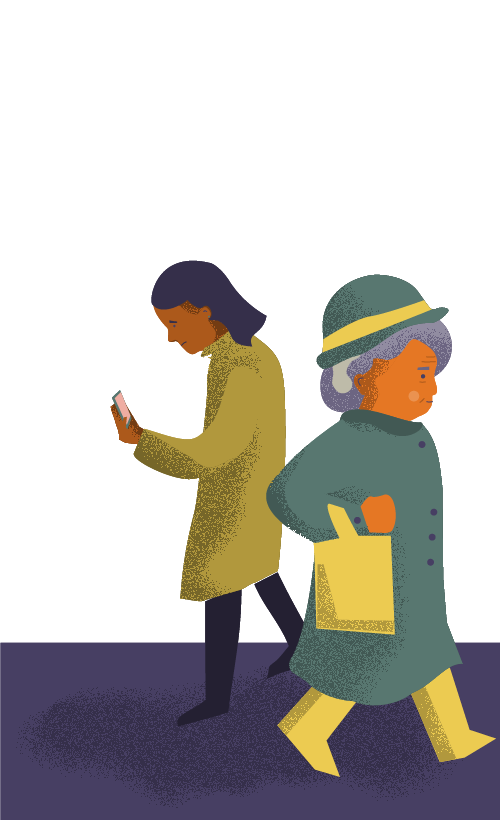 A person on their phone walks past another person. Both appear to be viewed through the square lens of a camera. 