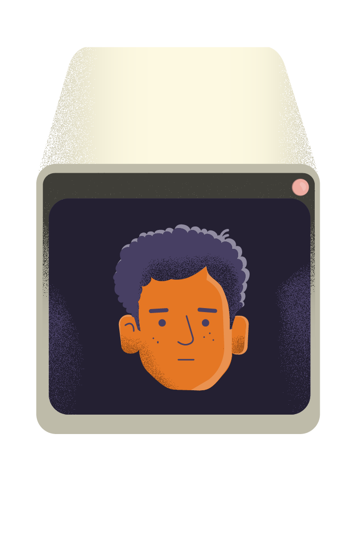 A person's face is reflected in a surveillance camera.