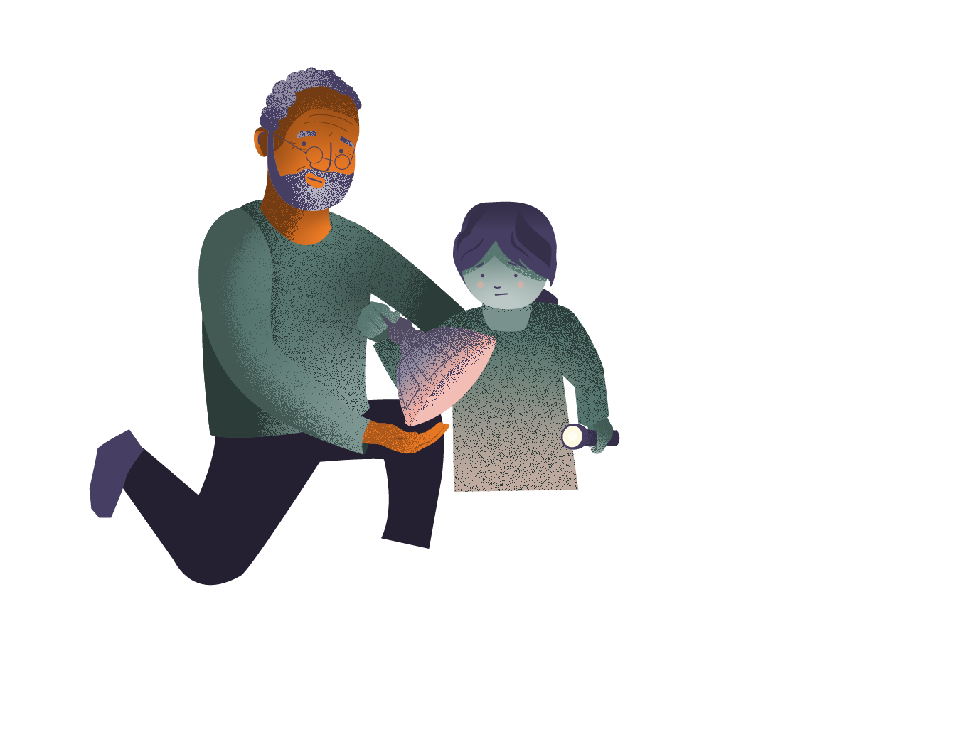 An older person and a younger person shine a light onto a miniature government building. Squares that look like data bytes rise out of the building.