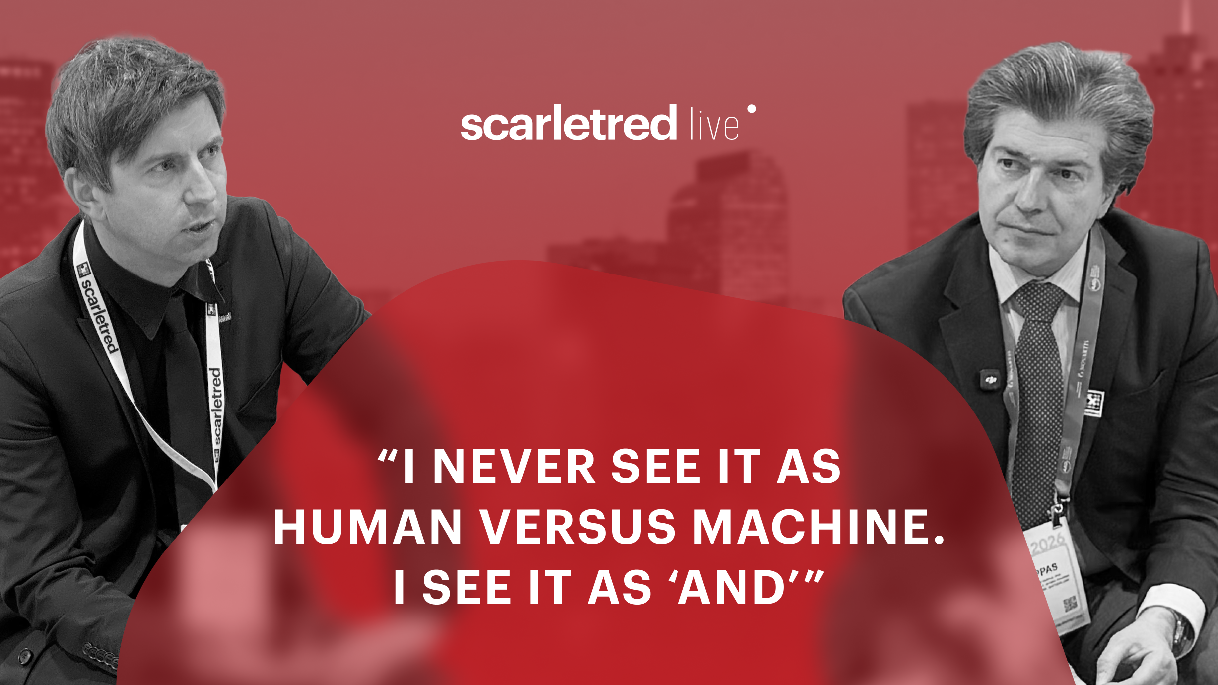 Dr. Harald Schnidar and Dr. Apostolos Pappas are discussing AI in dermatology. Red background, black and white portraits. 
