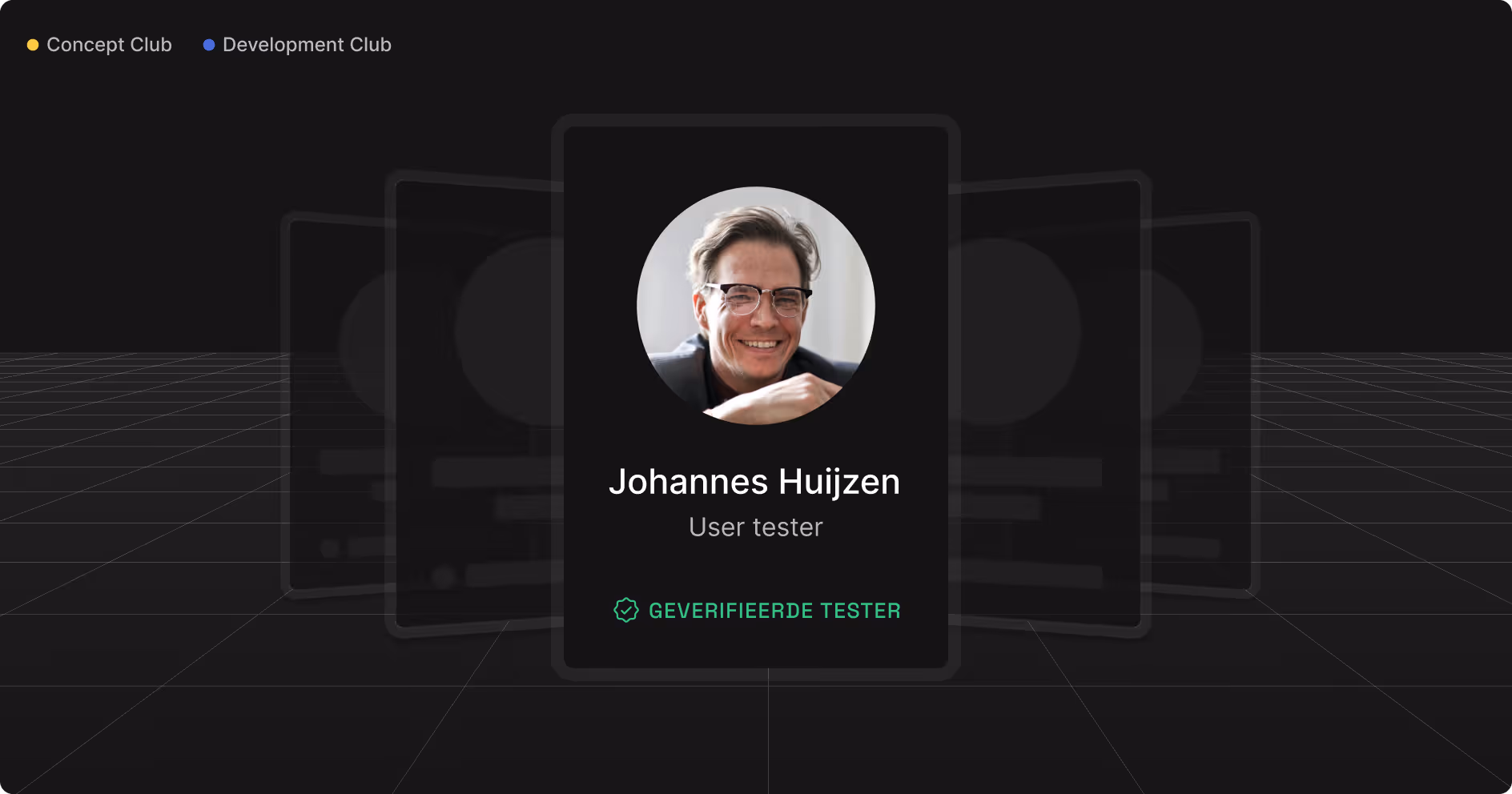 Profielkaart met een foto van een man met bril, naam Johannes Huijzen, functie gebruikerstester en geverifieerde tester badge.