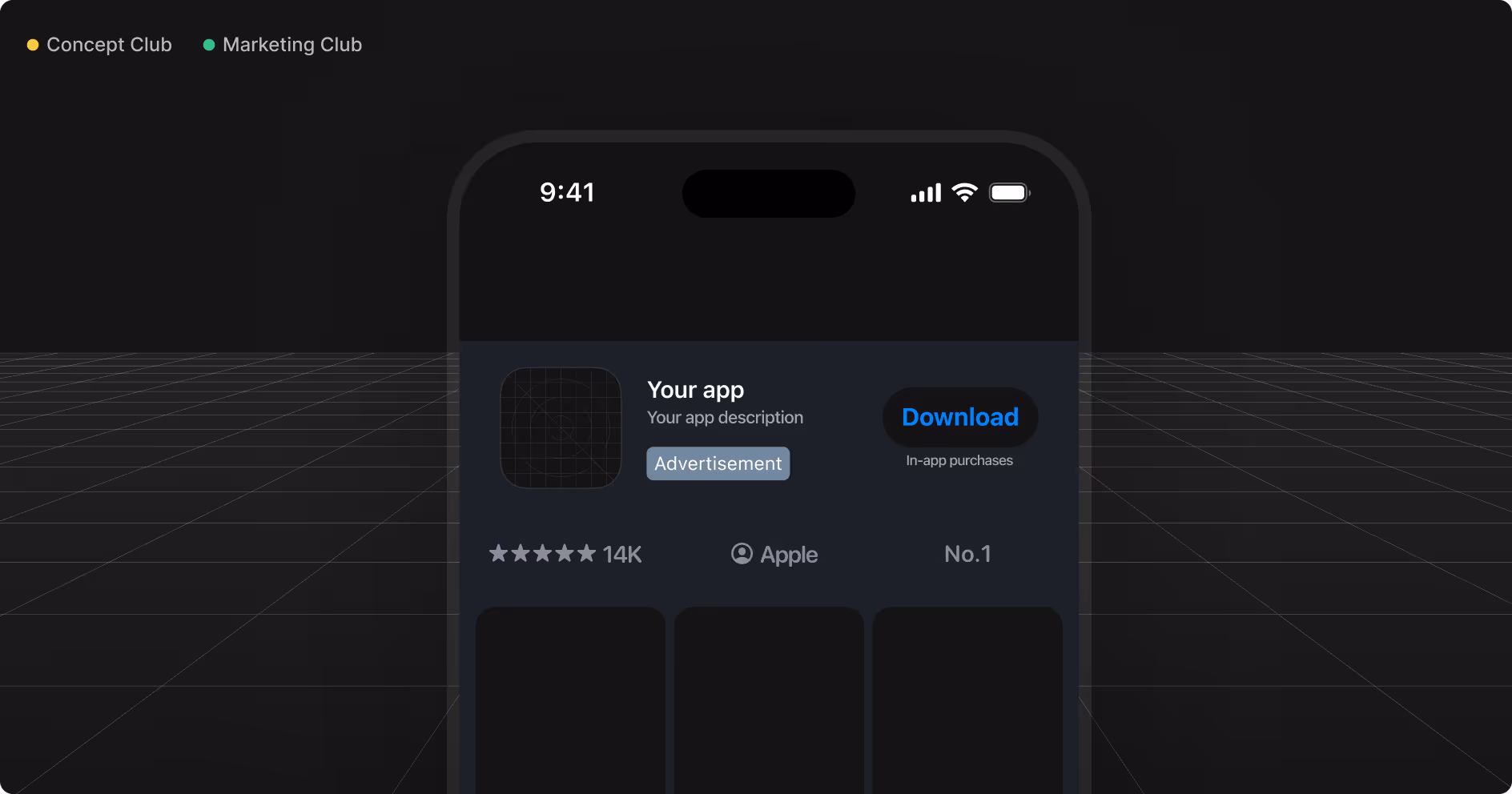 Smartphone screen showing an app store page with an app named 'Your app', a download button, 14K 5-star ratings, and an Apple label.