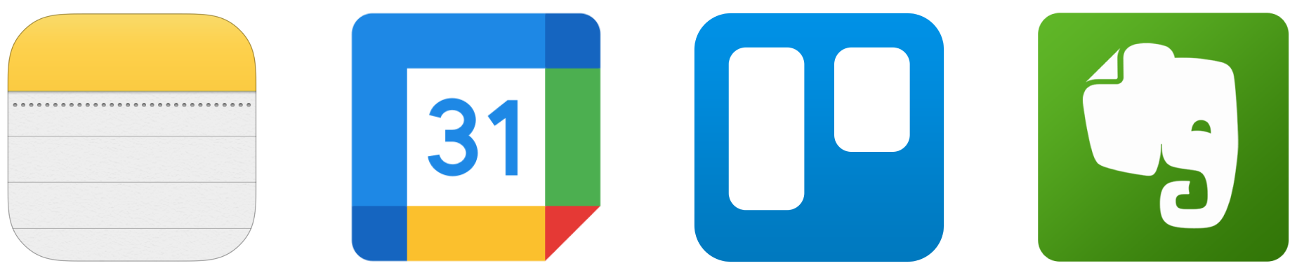 App icons for Apple Note app, Google Calendars app, Trello app, Evernote app.