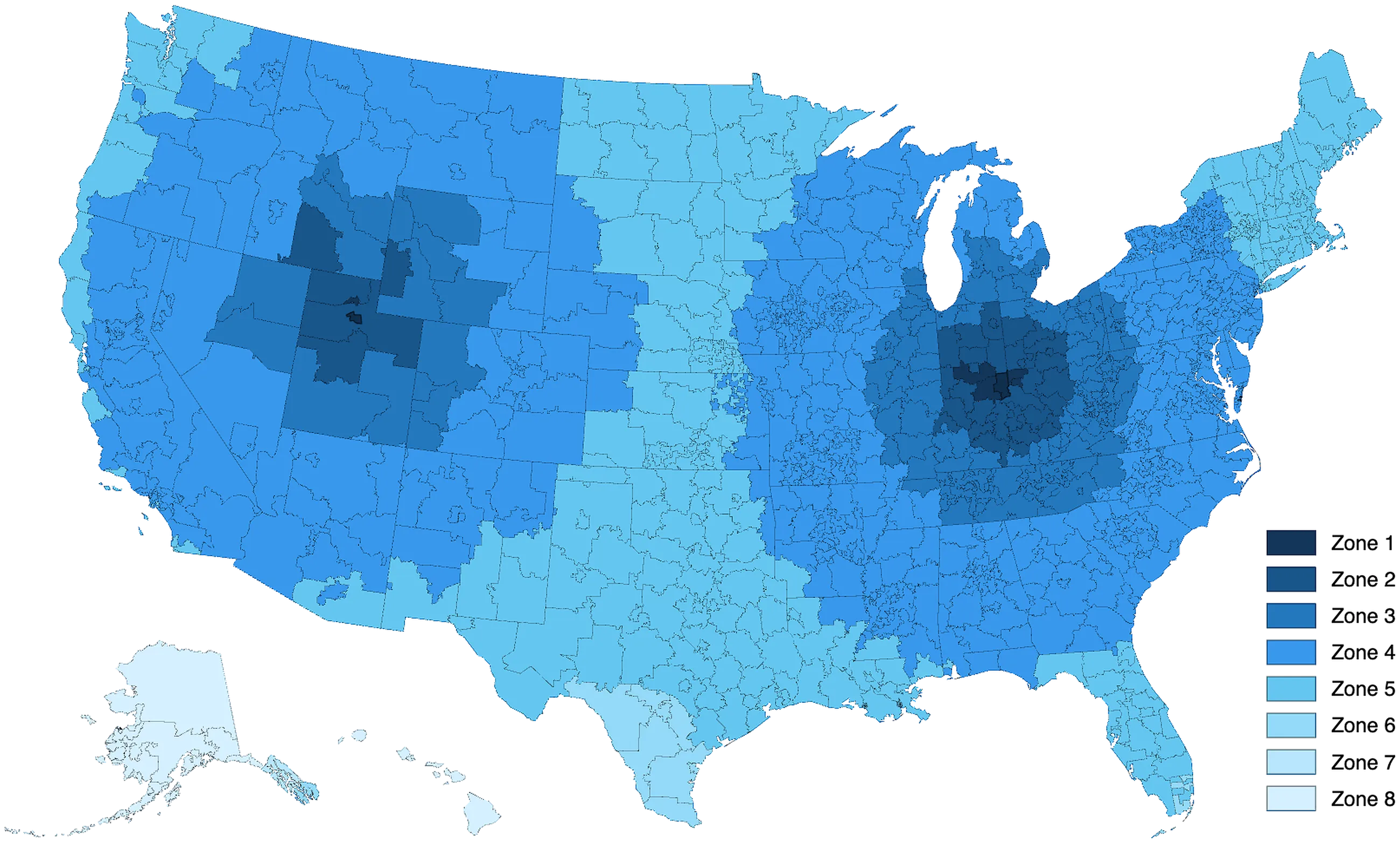 USPS shipping zone map from PackYak's fulfillment centers in Salt Lake City, Utah and Sunman, Indiana. Shipping from both, 98% of US ZIP codes are within Zone 5.