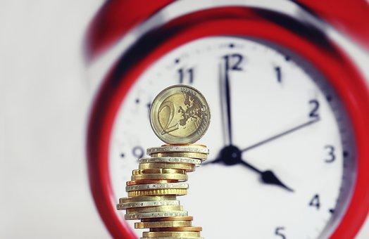 Coins, Money, Clock, Hourly Wage, Euro