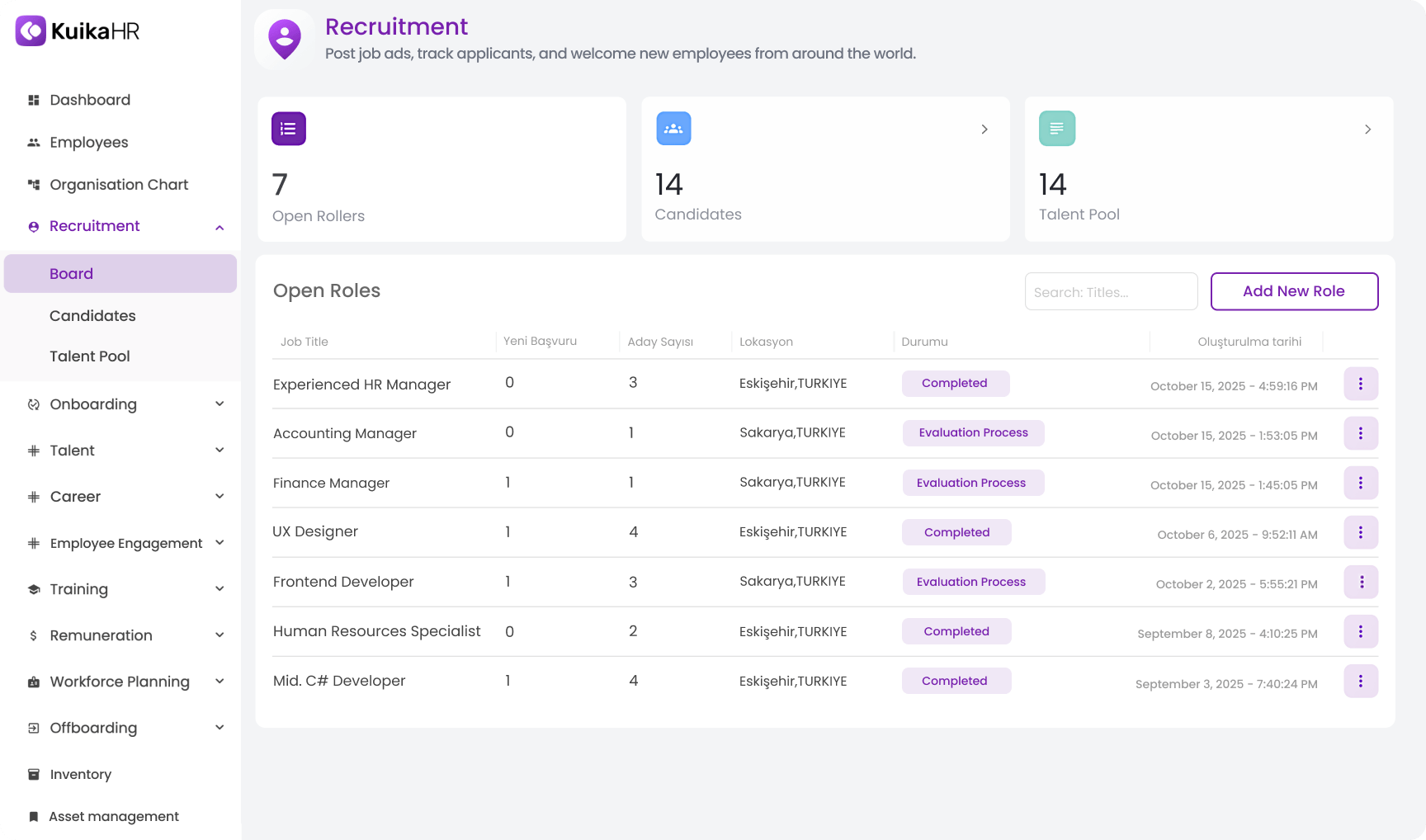 KuikaHR recruitment dashboard showing 7 open roles, 14 candidates, 14 talent pool, and details of open job roles with status and location in Turkey.