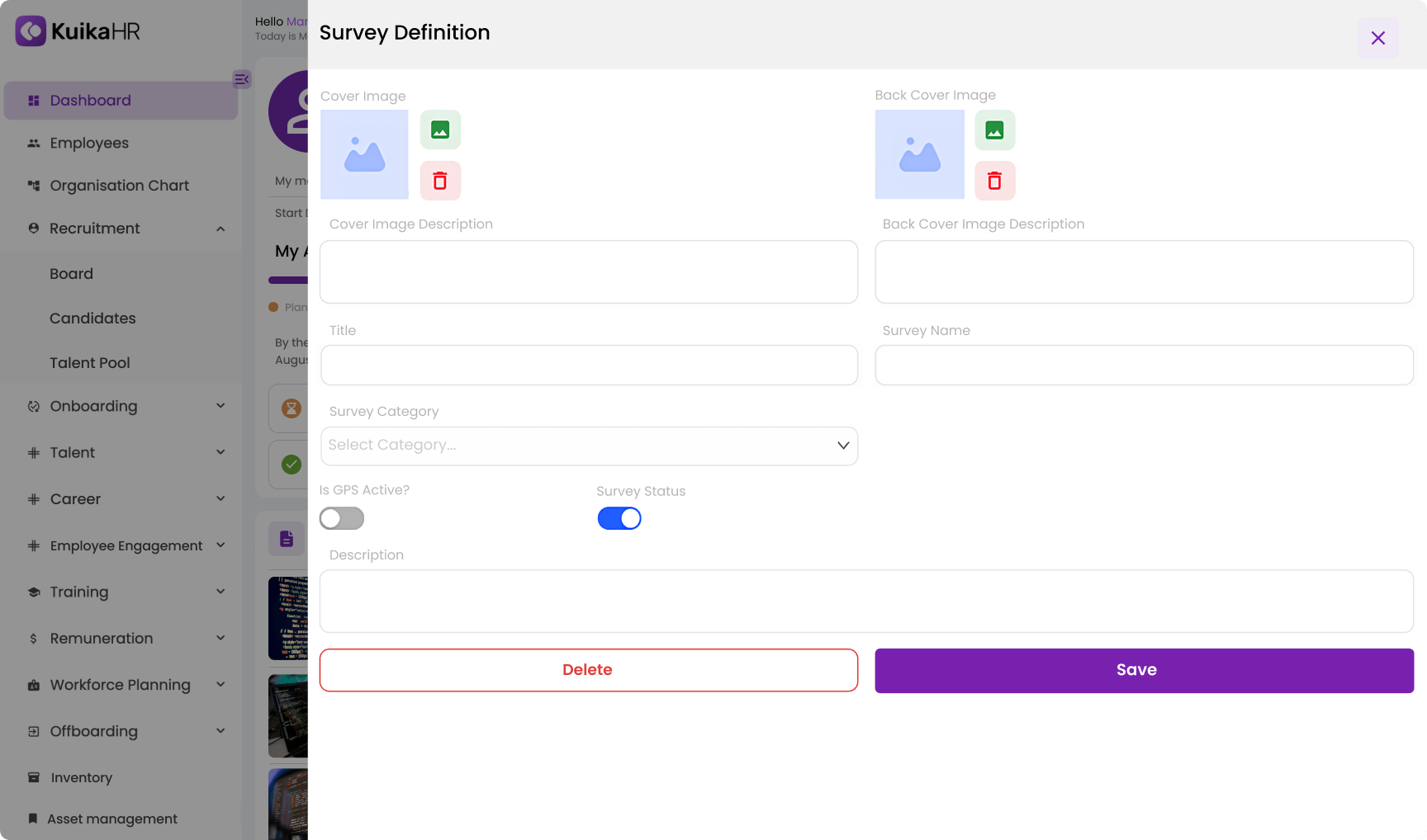 Survey Definition form with fields for cover and back cover images, descriptions, title, survey name, category, GPS toggle, status toggle, description, and buttons to delete or save.