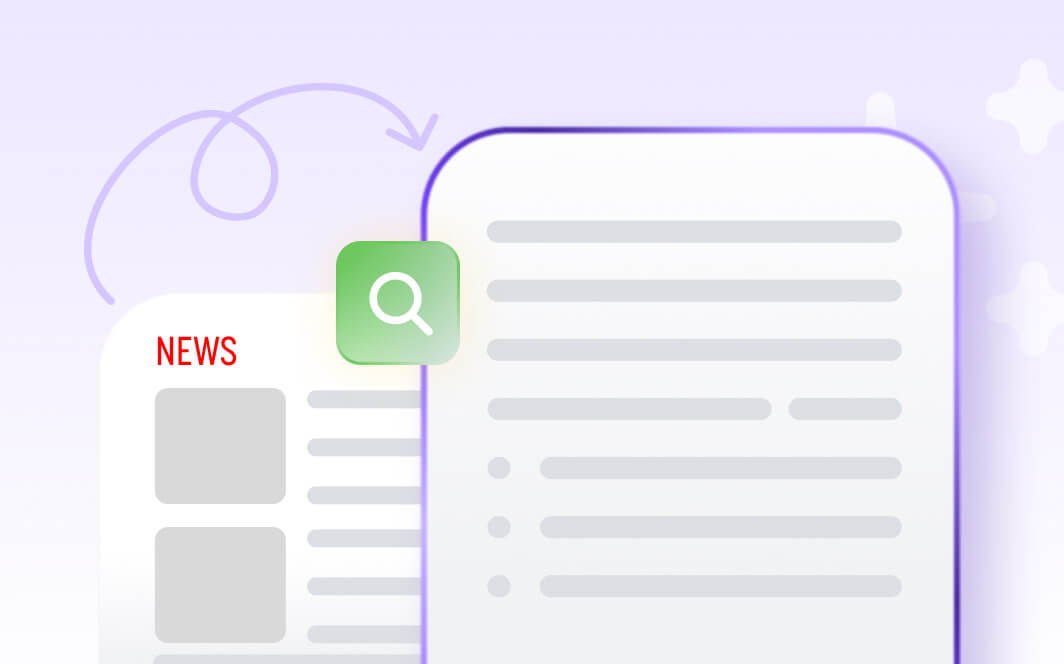 Illustration of a news article transforming into a summarized document with a magnifying glass icon and an arrow indicating the process.