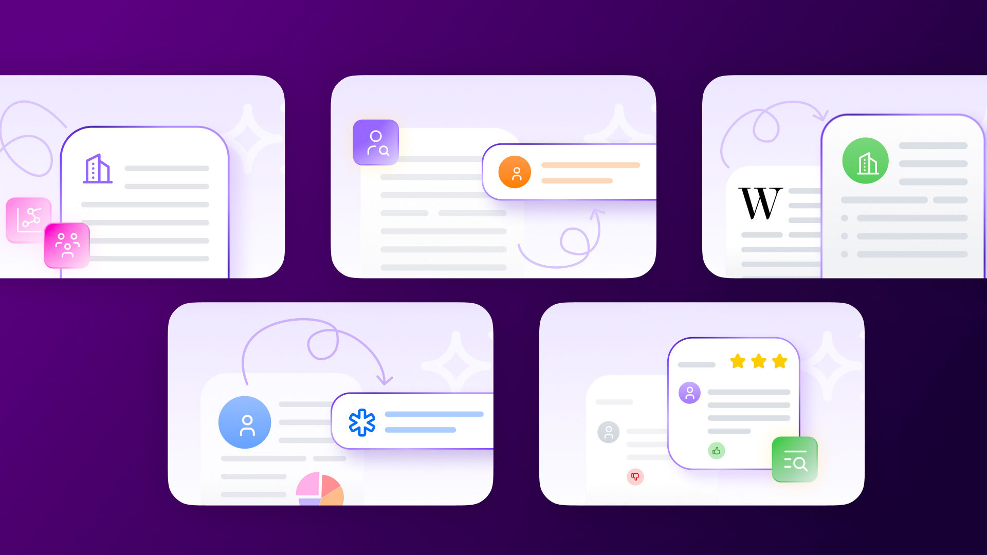 Illustrations of digital documents with icons representing business, user profiles, reviews, and analytics on a purple background.